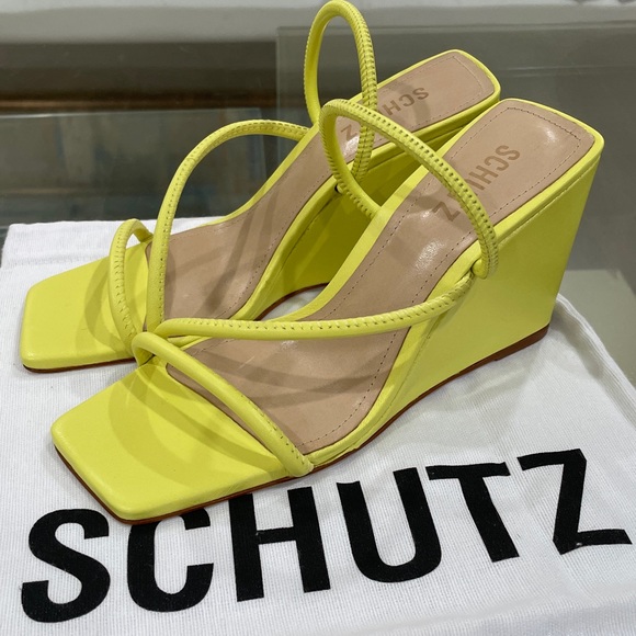 NIB SCHUTZ chartreuse LEATHER strappy wedge sandals lime apple zesty yellow 6.5 - Picture 7 of 16